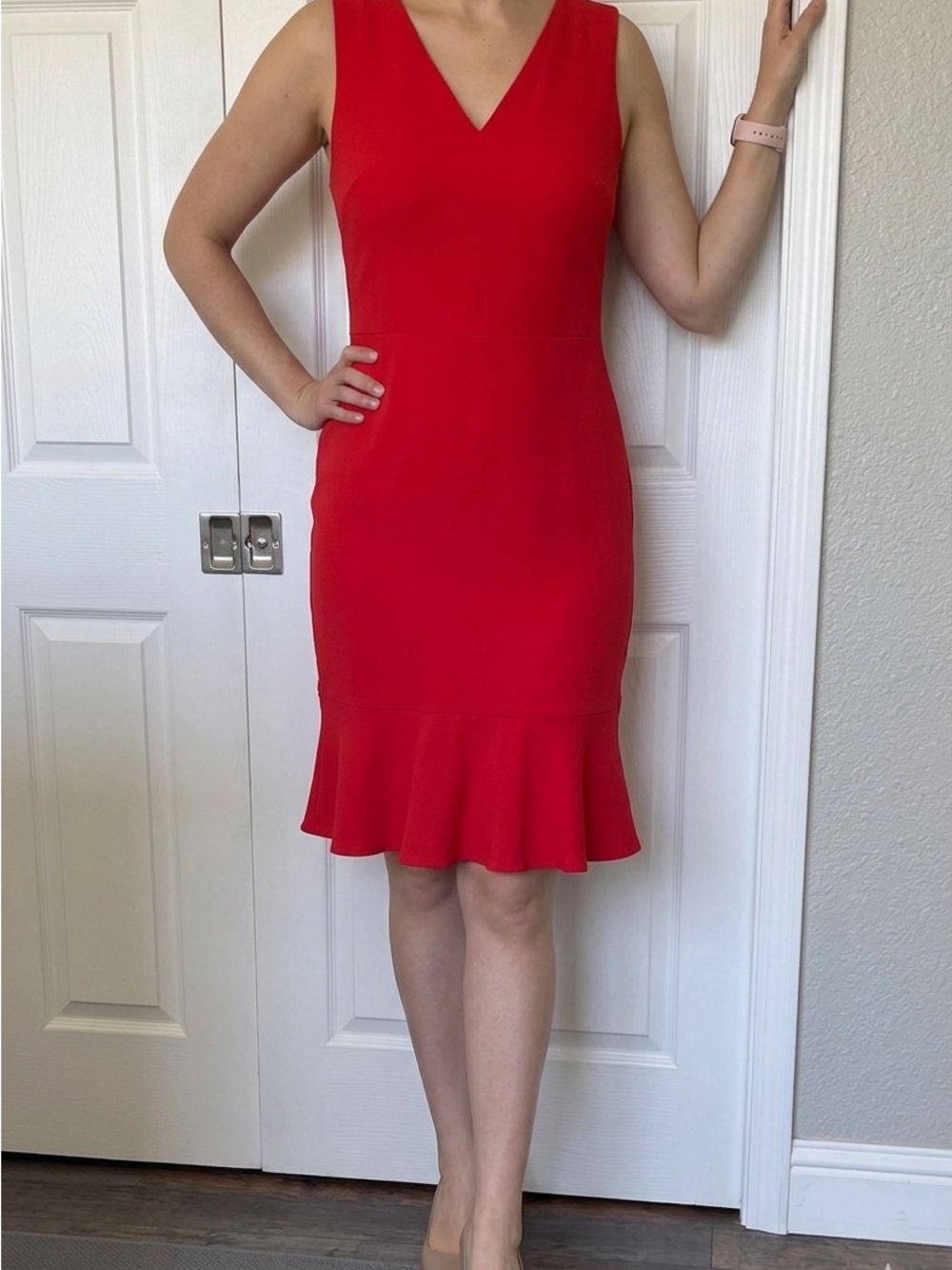 Banana Republic Red V-Neck Midi Dress with Ruffle Hem
